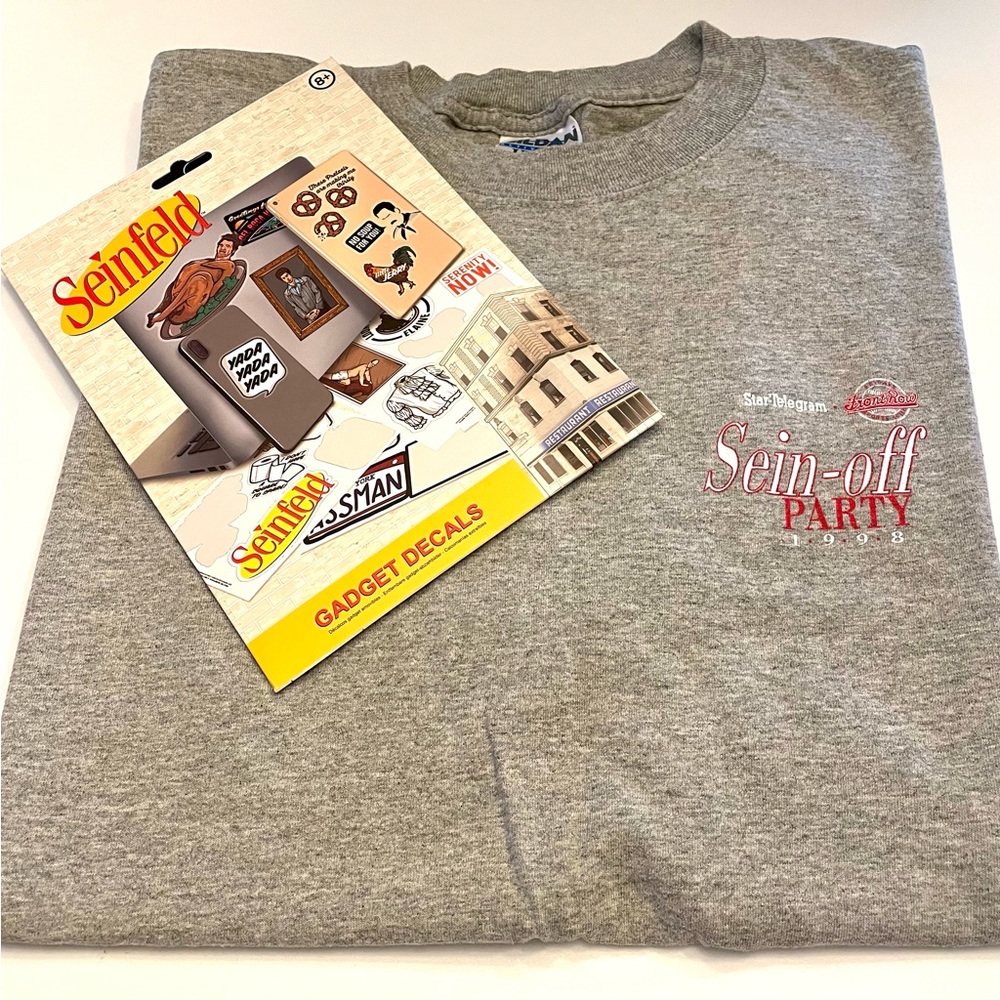 T-shirt and stickers from Seinfield.